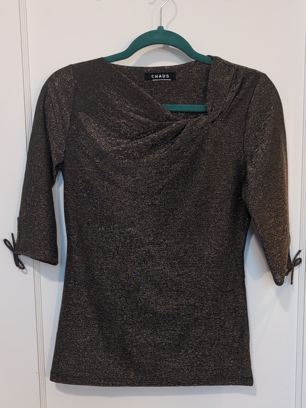 Chaus Black Metallic Knit Draped Neck Top